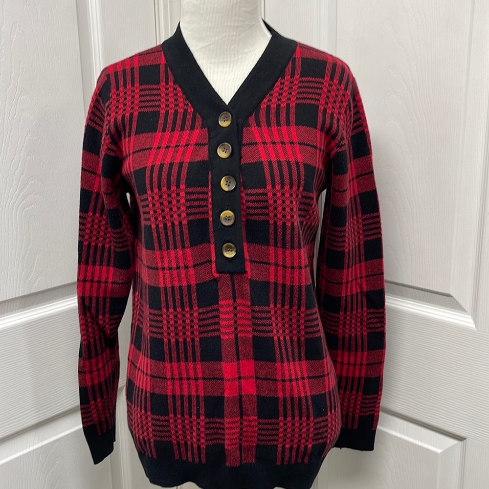 MEROKEETY Red Black Plaid Cotton Sweater Medium